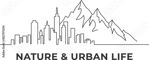 Continuous line city skyline blending into mountain silhouettes, symbolic fusion of nature and urban life