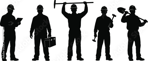 Construction and Labor Workers Silhouettes Collection, Featuring Various Poses with Tools Like Shovel, Hammer, Toolbox, and Helmet, Vector Illustration Set