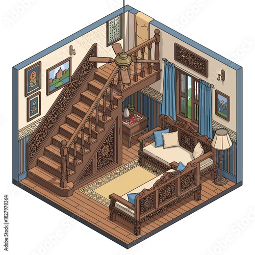 Detailed Isometric Illustration of Intricately Decorated Traditional Living Room