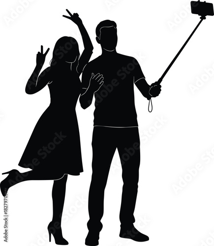 Couple taking a selfie with a stick, man and woman posing for photo, showing victory sign, modern technology, black vector silhouette illustration, isolated on white background for social media.