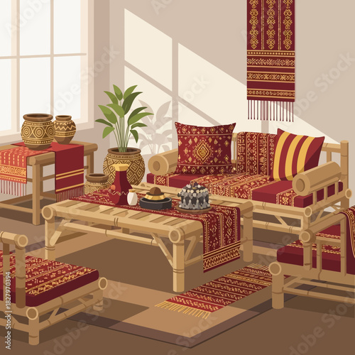 Elegant bamboo furniture arrangement with ethnic patterns interior design