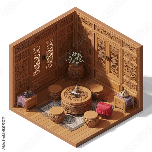 Isometric intricate traditional tea room illustration, cultural heritage