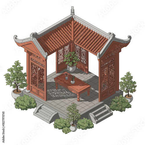 Isometric oriental pavilion model with meticulous details and serenity