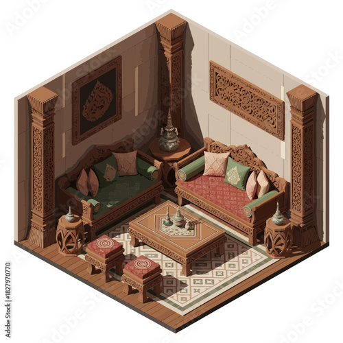 Isometric rendition of a lavish indian interior setting, cultural essence