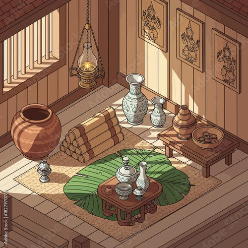 Isometric rendition of traditional thai house interior with artifacts display