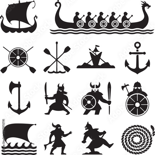 Viking age icons vector illustration set in flat design style