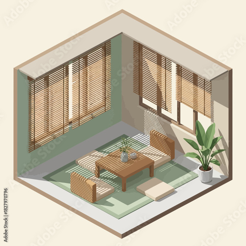 Isometric room with bamboo blinds, low seating, table and potted plant