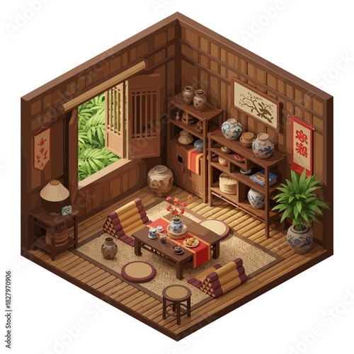 Isometric View of a Charming Southeast Asian-Inspired Interior Design