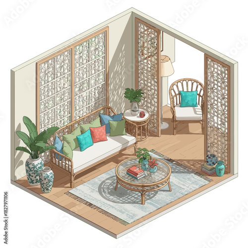 Serene Isometric Room with Wicker Furnishings and Decorative Lattice Panels