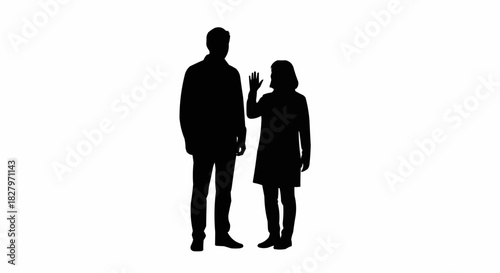 Silhouette of a man and a girl waving hello.