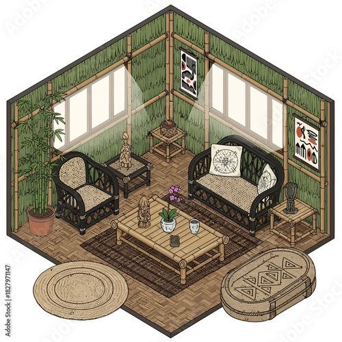 Sophisticated Isometric Tropical Room Interior with Sustainable Bamboo Furniture