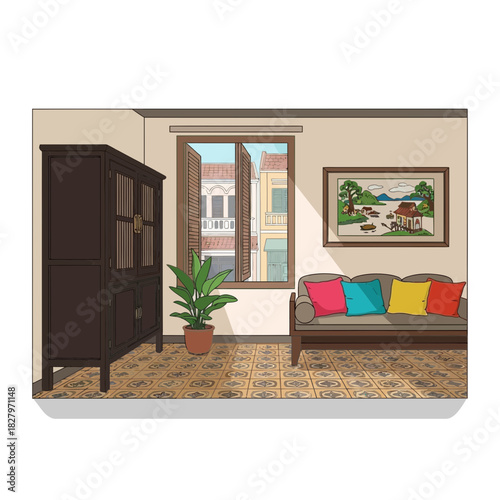 Stylized interior of a living room with an open window overlooking buildings