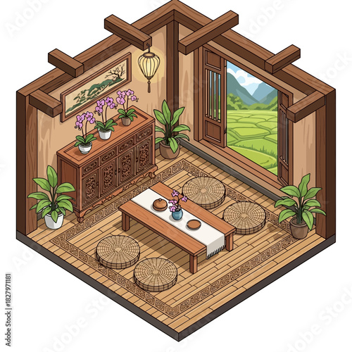 Tranquil Traditional Asian Room with Tea Ceremony Setup and Garden View