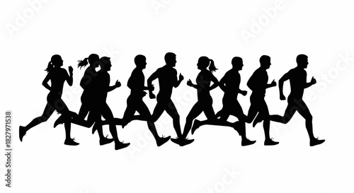 Group of diverse runners in silhouette running a race together.