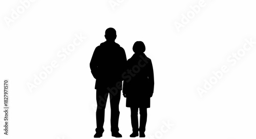 Silhouette of a man and child standing together, isolated on white.