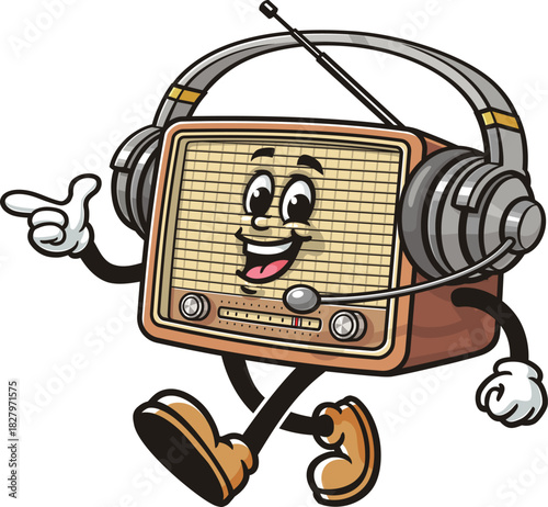 Cartoon Radio mascot wearing a headset or headphone