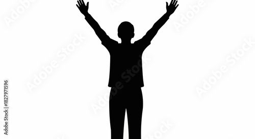 Black silhouette of a person standing with arms raised high.