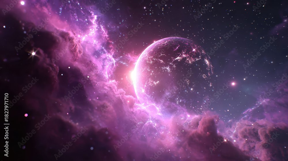Obraz premium Majestic glowing planet in serene purple nebula in deep space. Cosmic fantasy world in far universe, beautiful celestial star filled sky wonder