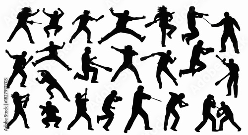 Silhouettes of people in various action poses, dynamic and energetic.