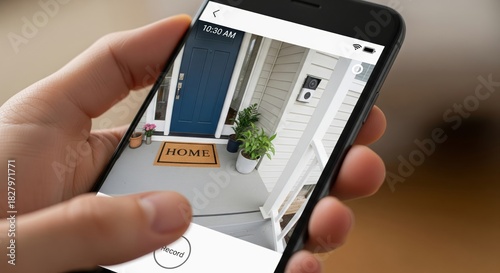Smartphone Screen Displaying Home Security Camera Feed. The screen displays a live video feed from a home security camera (CCTV).
Represents smart home security, surveillance, safety, IoT, protection
