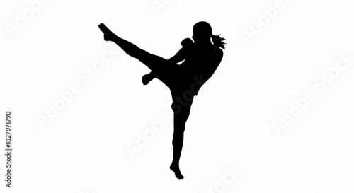 Dynamic Silhouette of Female Martial Artist Delivering a Powerful Kick.