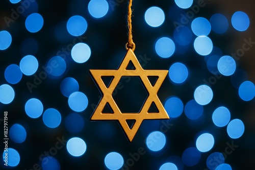 star of David ornament with festive blue lights in background, Hanukkah celebration