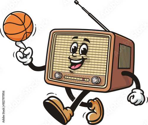 Radio mascot cartoon playing basketball