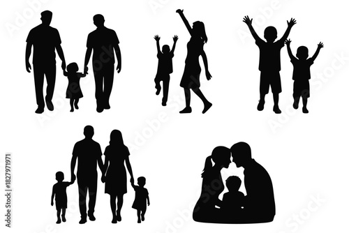 Family silhouette of parents and children in various poses. clean editorial design