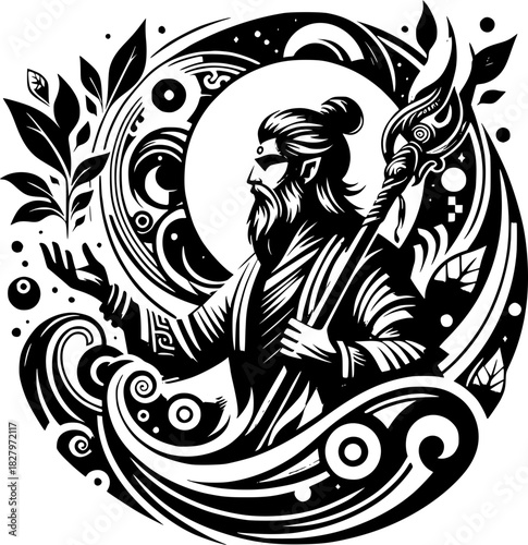 Mystical Sage in a Sacred Circle: A wise sage, embodies knowledge and spiritual guidance. Emblazoned by a mystical design, is adorned with leaves, a staff, and an aura of ethereal energy.