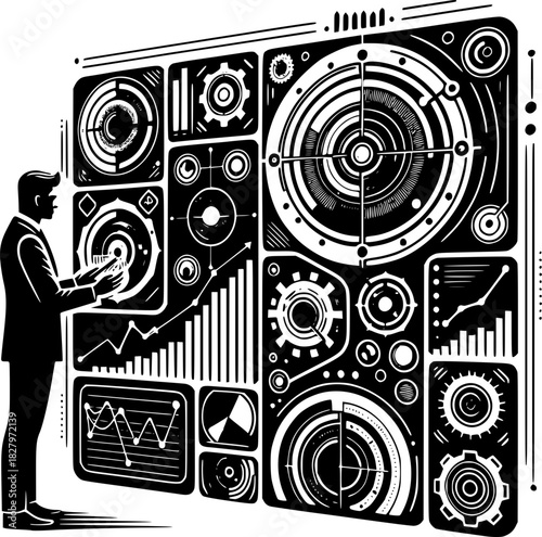 Navigating the Digital Realm: An individual interacting with an interactive interface, showcasing a symphony of data and technology, poised for innovation and progress.