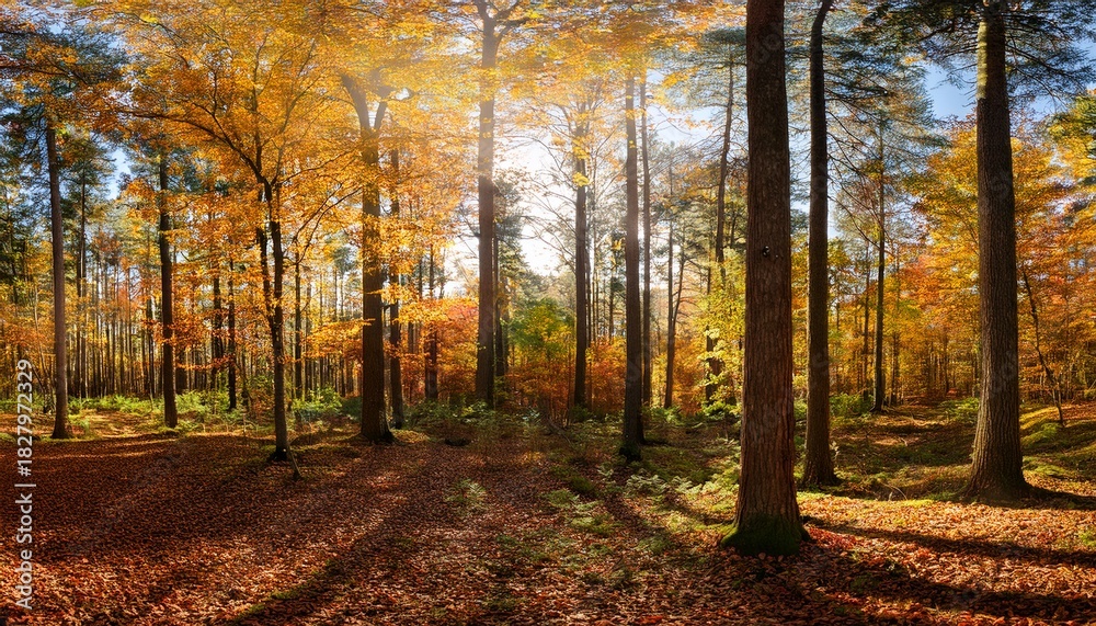 Fototapeta premium Panoramic Sunny Forest In Autumn