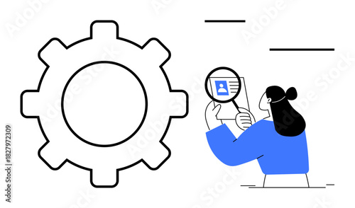 Identity verification. Gear icon and woman analyzing ID card with magnifying glass highlighting digital security processes. Identity verification ensures secure data and user authentication