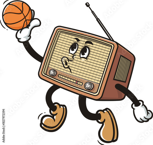 Radio mascot cartoon playing slam dunk basketball