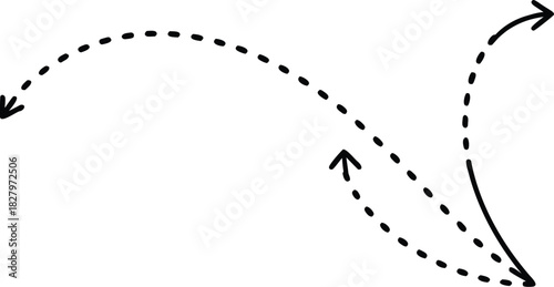 Hand drawn curve dotted line arrow set. curved pointers sign. Sketch curved dashed arrows. signpost showing a confusing complex path. Dashed arrows
