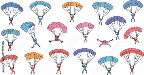 Vector Illustration Set of Diverse Parachutists or Skydivers Falling with Colorful Parachutes, Representing Extreme Sports, Adventure, Freedom, Landing, and Group Skydiving Activity