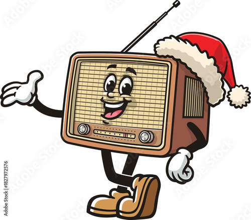 Cartoon of Radio mascot wearing a Christmas hat