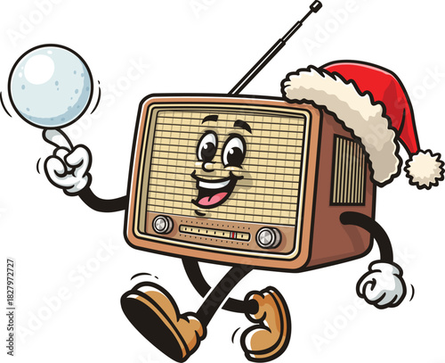 Radio mascot cartoon playing snowballs and wearing a Christmas hat