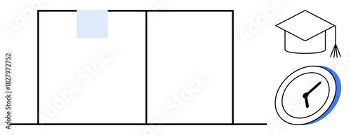 Open book, graduation cap, and clock symbolizing learning, time management, academic success, study planning, education goals, knowledge pursuit and resource prioritization. Ideal for student