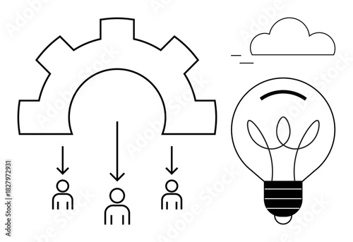 Gear distributing tasks to individuals, large light bulb symbolizing ideas, and a cloud overhead. Ideal for teamwork, innovation, strategy, problem-solving, planning workflow creativity. Simple