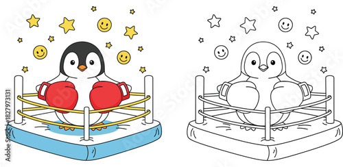 Cute penguin boxer wearing red gloves standing in a boxing ring vector illustration set in color and black and white outline suitable for coloring book page and sports mascot design