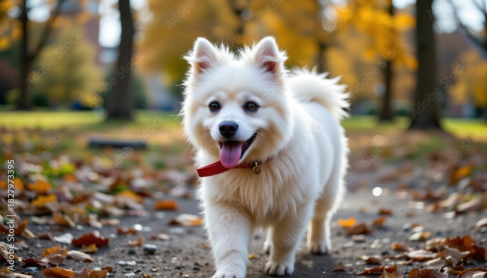 Fototapeta premium In the tranquil setting of an autumnal park, a white dog with a red collar is captured in mid stride, trotting down a path blanketed by fallen leaves