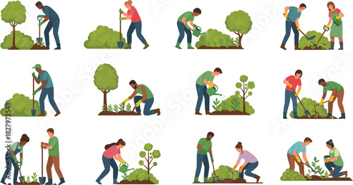 Vector Illustration Set of Diverse People Engaging in Gardening, Including Digging, Planting Trees, Watering Plants, Weeding, and Working Together in the Backyard or Community Garden