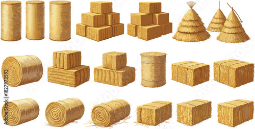 Vector Illustration Set of Agricultural Hay and Straw Bales, Including Cylindrical Rolls, Rectangular Blocks, and Stacked Pyramids, Ideal for Farm, Harvest, and Rural Graphics