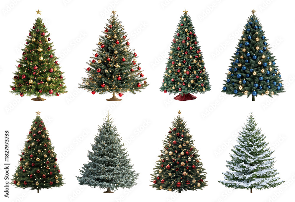 Fototapeta premium PNG Festive decorated Christmas trees collection, element set on transparent background