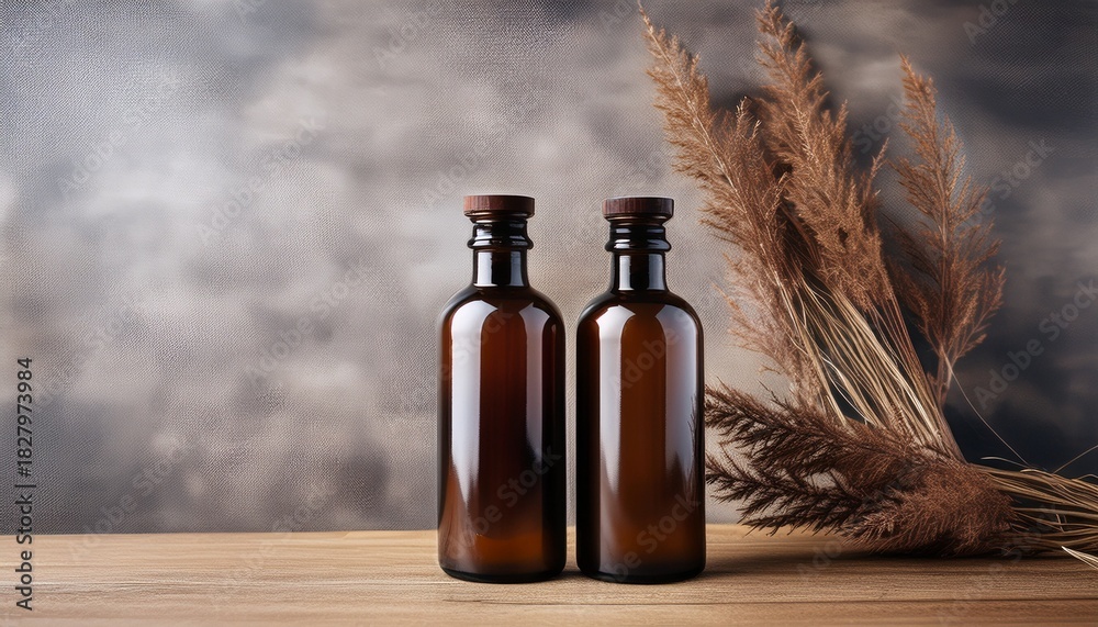 Fototapeta premium Two Dark Wooden Bottles Dried Plants Textured Backdrop