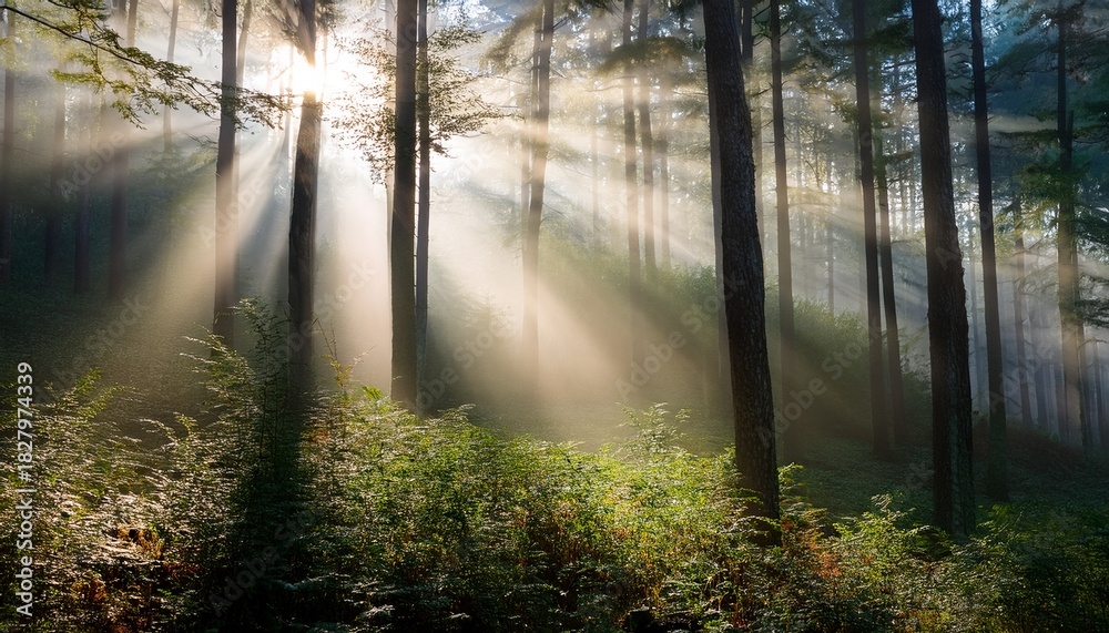 Fototapeta premium Sunbeams Filtering Through Dense Fog In Forest