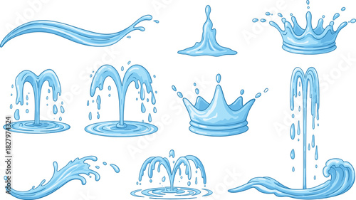 Vector Illustration Set of Dynamic Water Splashes, Fountains, Crown Ripples, and Blue Droplets, Ideal for Representing Purity, Liquid, Refreshment, Cleaning, and Aqua Graphic
