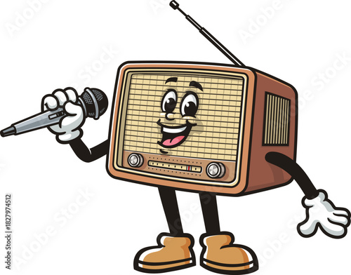 Radio mascot cartoon holding microphone and singing