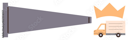 Delivery truck advancing toward a crown with a spotlight effect symbolizing progress, success, goal achievement, leadership, logistics, and business growth. Ideal for branding, competition, ambition