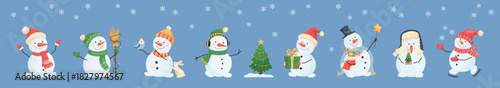 Holiday winter set of cartoon snowmen in festive hats and scarves, holding gifts, Christmas trees. Whimsical winter character made of snow for children's cards, design Joyful flat vector illustrations